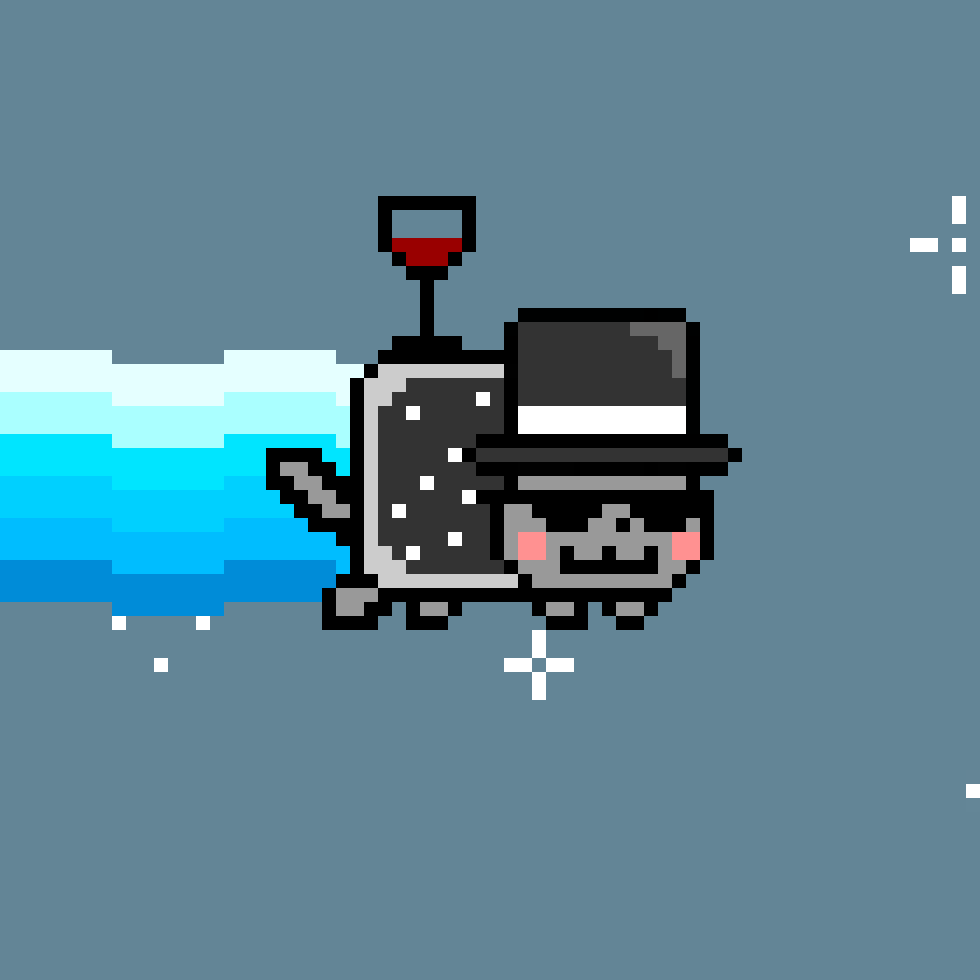 Fancy Nyan Cat, an animated pixel cat in a top hat trailing a rainbow